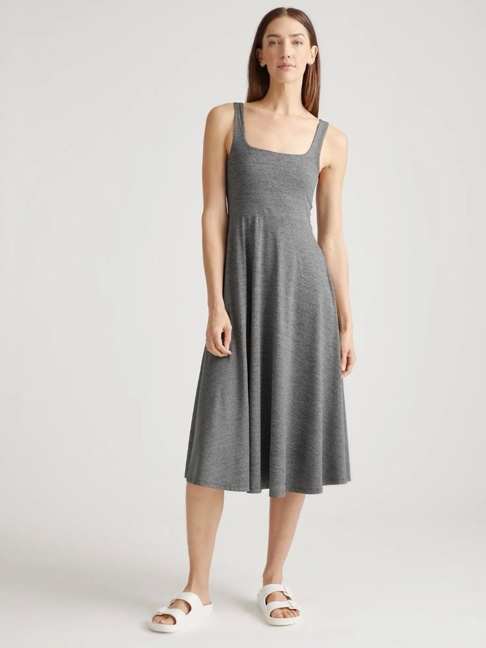 Quince Grey Flowknit Square-Neck A-Line Midi Dress